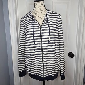 Lucky Brand Women's Navy Blue Cream Striped Full Zip Hoodie Size L